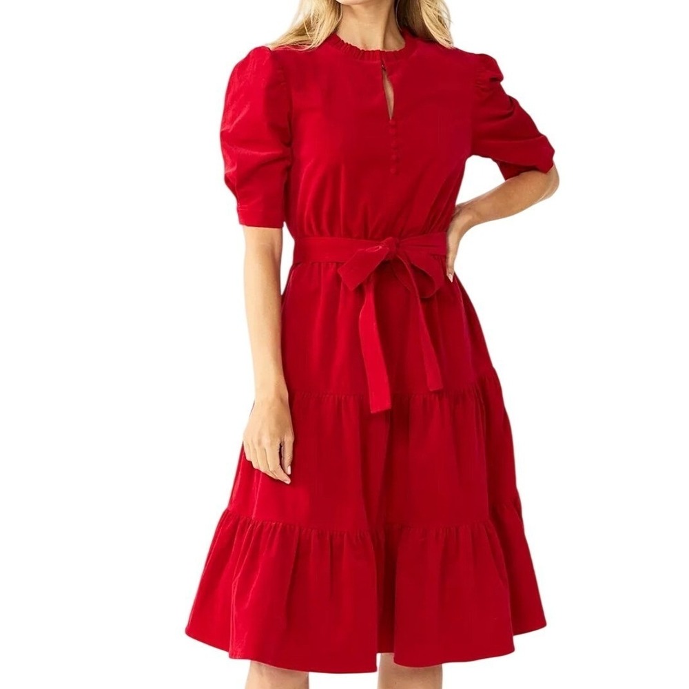 Draper James RSVP Corduroy Midi Dress Womens Size 3X Red Tiered Ruffle Valentine